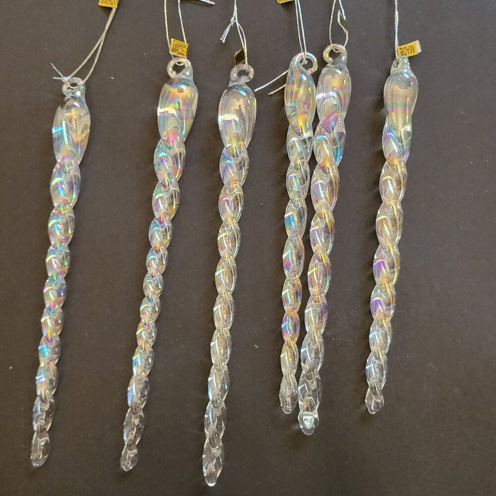 Set Of 6 Iridescent Glass Icicle Christmas Tree Ornaments